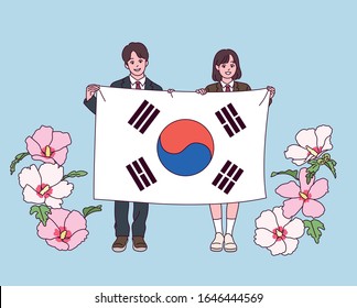 A boy   girl in school uniforms are holding the flag Korea  hand drawn style vector design illustrations  