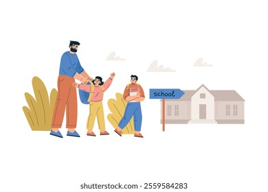 Boy and Girl Schoolkids Character Going to School with Dad Vector Illustration