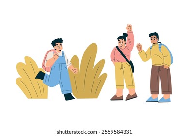 Boy and Girl Schoolkids Character Meeting with Friend Vector Illustration