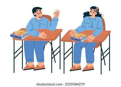 Boy and Girl Schoolkids Character in School Sit at Desk Vector Illustration