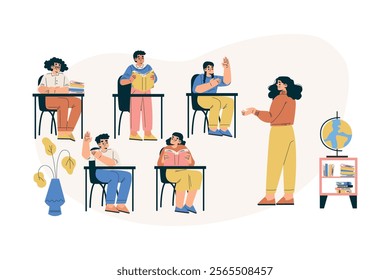 Boy and Girl Schoolkids Character in School Sit at Desk with Teacher in Class Vector Illustration