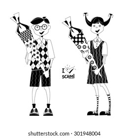 Boy and girl with Schultuete cones. I love school. Black and white. Vector illustration 