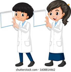Boy and girl in science gown standing on white background illustration