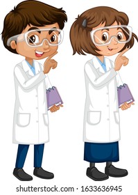 Boy and girl in science gown standing on white background illustration