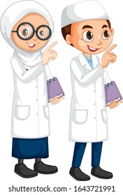 Boy and girl in science gown standing on white background illustration