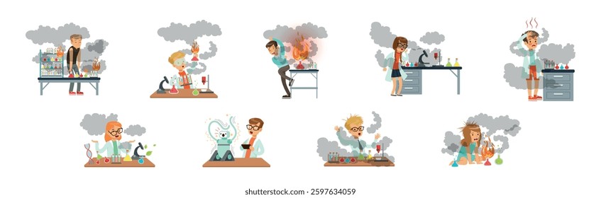 Boy and Girl Scientist Kid Character at Table Fail with Test and Experiment Vector Set