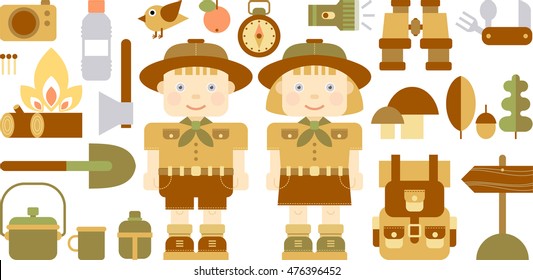 boy  and girl scout with camping equipment and object - vector illustration, set of flat icons