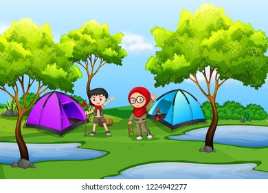Boy and girl scout camping in nature illustration