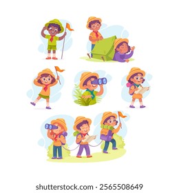 Boy and Girl Scout Character in Hat Vector Illustration Set