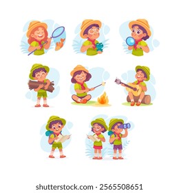 Boy and Girl Scout Character in Hat Vector Illustration Set