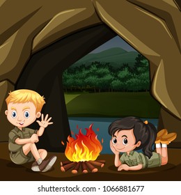 Boy and Girl Scout are Cpming in the Forest illustration