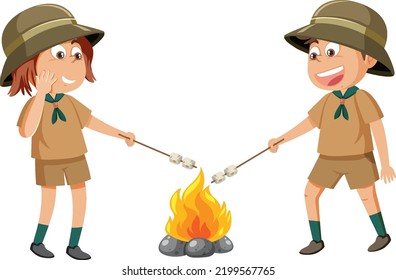 Boy and girl scout roasted marshmallow illustration