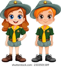 Boy and girl scout in uniform cartoon character illustration