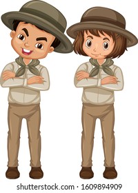 Boy and girl in scout uniform on white background illustration