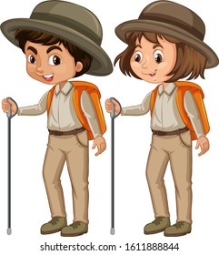 Boy and girl in scout uniform on white background illustration