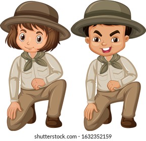 Boy and girl in scout uniform on white background illustration