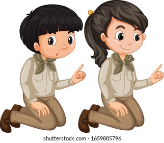 Boy and girl in scout uniform on white background illustration