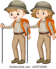 Boy and girl in scout uniform with walking stick illustration