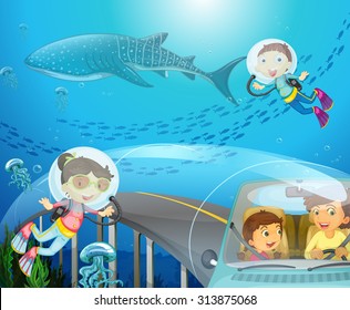 Boy and girl scuba diving under the ocean illustration