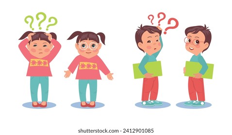 Boy and girl see poorly without glasses and well with eyeglasses. Sad children Poor eyesight, eye sight and vision therapy, ophthalmology clinic. Cartoon flat isolated