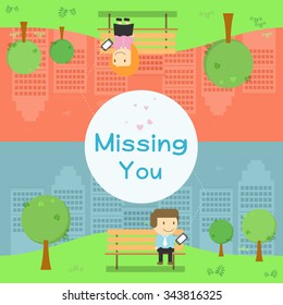 boy and girl send message miss you on smart phone in the park be different day and night Vector illustration