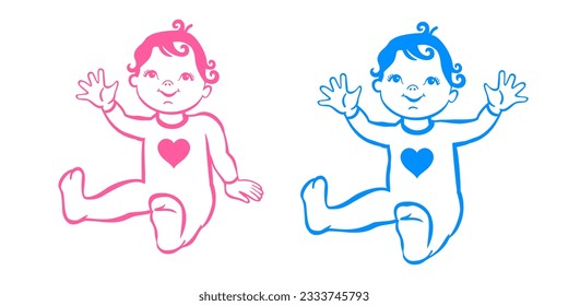 Boy and Girl. Set with cute little baby. Active baby of 3-12 months. First year baby development. Baby sit. Adorable sitting and laughing cartoon toddler character.  vector illustration.