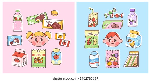 A boy and a girl with a set of snacks. Vector illustration of food and drinks that children like, including flavored milk, candy, chips, soda, juice, biscuits and ice cream. Quick lunch options.