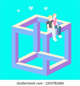 boy and girl setting on illusion cube comunication psychology flat isometryc illustration