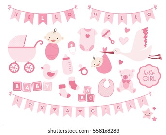 Boy girl shower design elements. Vector set of cute newborn icons.