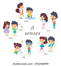 Boy and girl showing five senses set. Sense of sight, touch, hear, smell, taste vector illustration. Small happy children in nature and exploring wonders of spring. Joyful education at childhood.