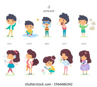 Boy and girl showing five senses set. Sense of sight, touch, hear, smell, taste vector illustration. Small happy children in nature and exploring wonders of spring. Joyful education at childhood.