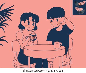 A boy and a girl are shy at each other drinking coffee at a cafe. hand drawn style vector design illustrations. 