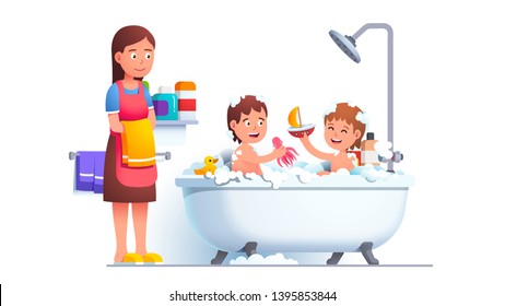 Boy and girl siblings family bathing playing games with water toys having fun covered in shampoo suds bubbles. Little kids bath together. Mother watching bathroom. Flat vector character illustration