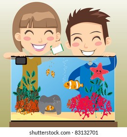 Boy And Girl Siblings Feeding Little Clownfish In Their Fish Tank