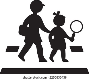 Boy and girl silhouette exploring with a magnifying glass