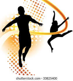 Boy and girl silhouettes dancing and jumping