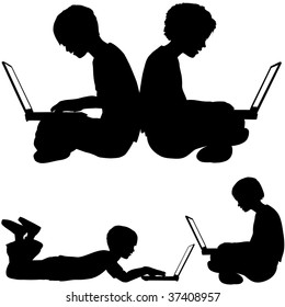 Boy and girl silhouettes as kids sitting or lying on the ground using laptop computers.