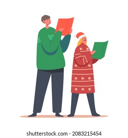 Boy and Girl Sing Carols with Books. Children Caroling, Happy Kids Characters in Santa Claus Hats and Knit Sweaters Singing Christmas Songs Isolated on White Background. Cartoon Vector Illustration