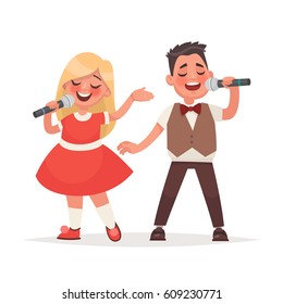 Boy and a girl sing a song into a microphone. Children's musical duo. Vector illustration in cartoon style