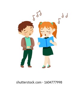 Boy and girl sing songs. Concert. Performance of children.
