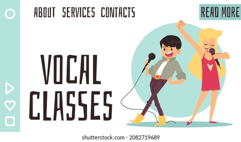 Boy And Girl Sing At Vocal Class, Landing Page Template - Flat Vector Illustration. Cartoon Kids Characters With Microphone, Concept Of Music School And Education.