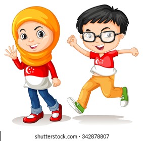 Boy And Girl From Singapore Illustration