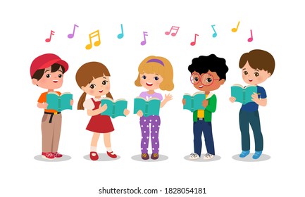 Boy and girl singing together. School nursery choir group. Children clip art. Flat style cartoon isolated on white background.