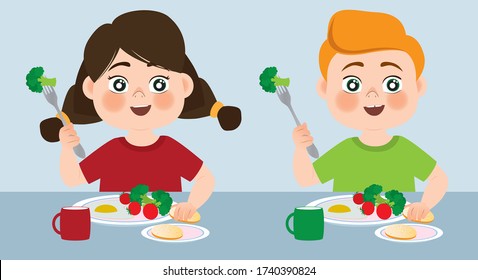 A boy and a girl sit at the dinner table and enjoy eating broccoli, tomatoes and fried eggs. The right habit. Proper nutrition. Vector illustration.