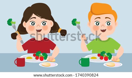 A boy and a girl sit at the dinner table and enjoy eating broccoli, tomatoes and fried eggs. The right habit. Proper nutrition. Vector illustration.