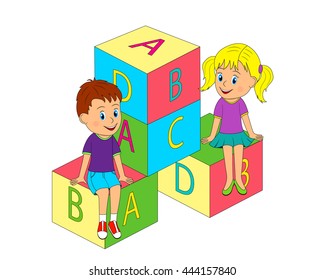 boy and girl sit on the cubes with letters, illustration, vector