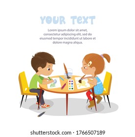 Boy and Girl sit in profile at the round table and draw picture with watercolor and pencils. Drawing activity in the art class. Boy and Girl Draw Pictures with paints and pencils. Poster with the Plac