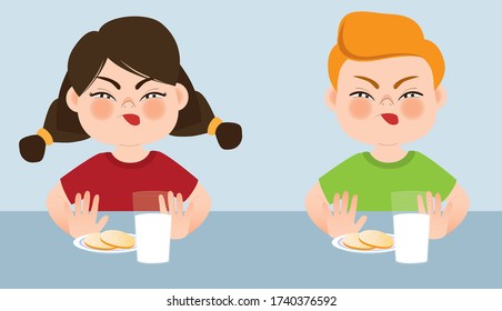 A boy and a girl sit at the table and refuse to drink milk. Move the glass with milk away from you with your hands. Healthy food. Vector illustration