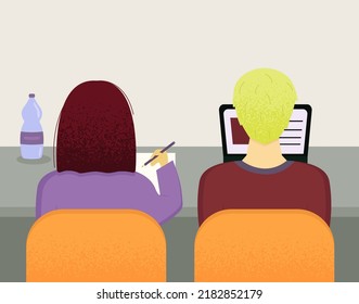 Boy and girl sitting in the audience. Education concept with students, pupils. Vector