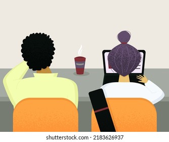 Boy and girl sitting in the audience. Education concept with students, pupils. Vector illustration